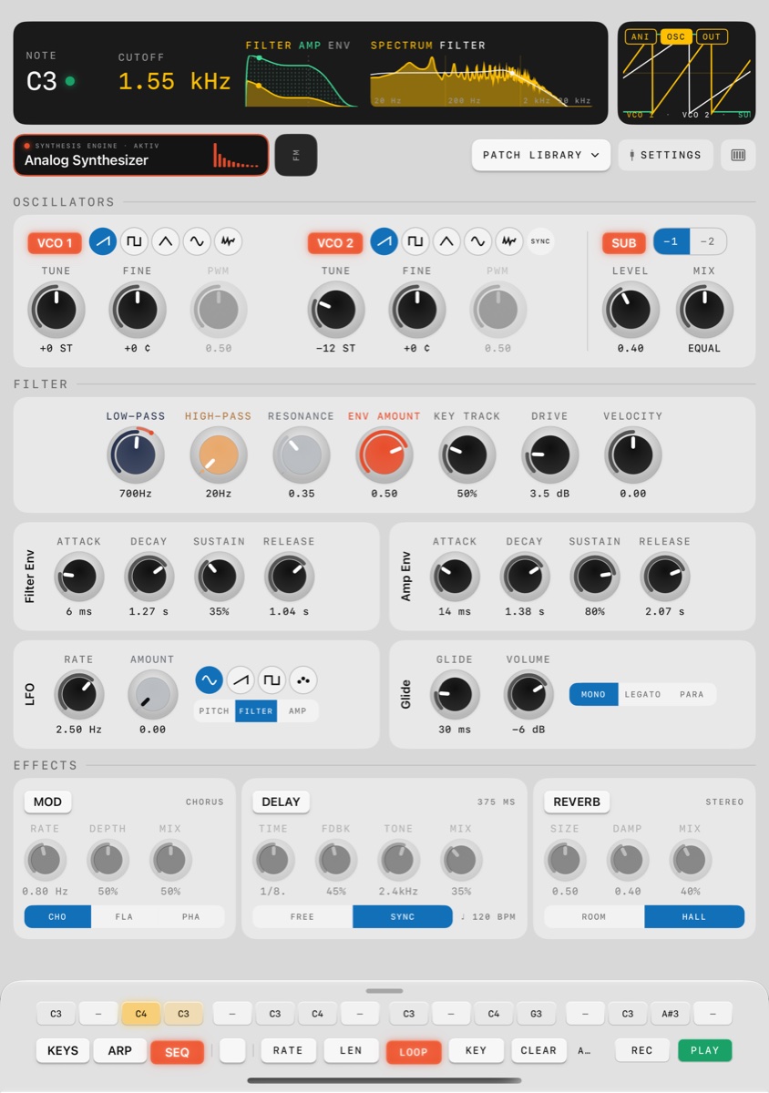 OP-SYNTH on the unfolded inner display of a foldable iPhone, portrait