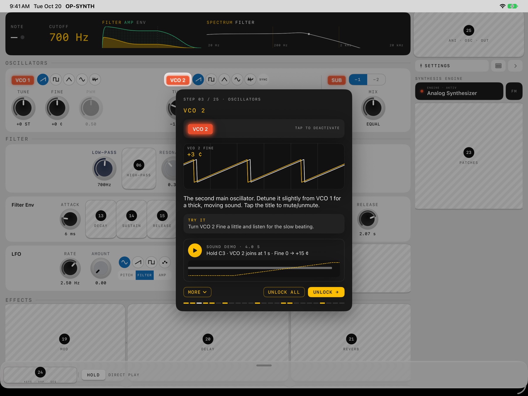 Beginner mode on iPad: step 3 of 25, VCO 2 — lesson card with oscillator animation, explanation, Try it task and sound demo; the rest of the panel is still covered by numbered cards