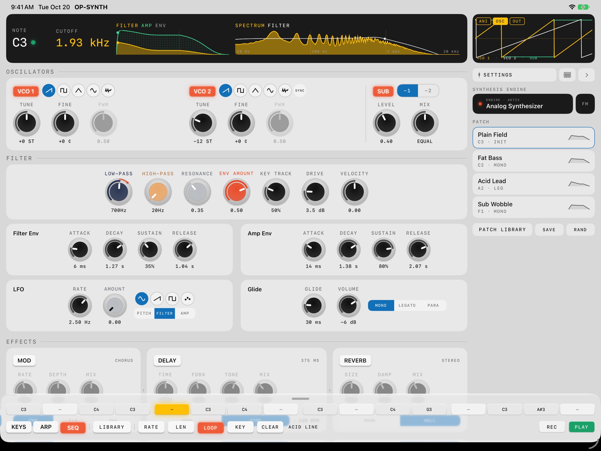OP-SYNTH on iPad: display with envelopes, spectrum and oscilloscope, oscillators, filter, envelopes, LFO, effects and the step sequencer playing