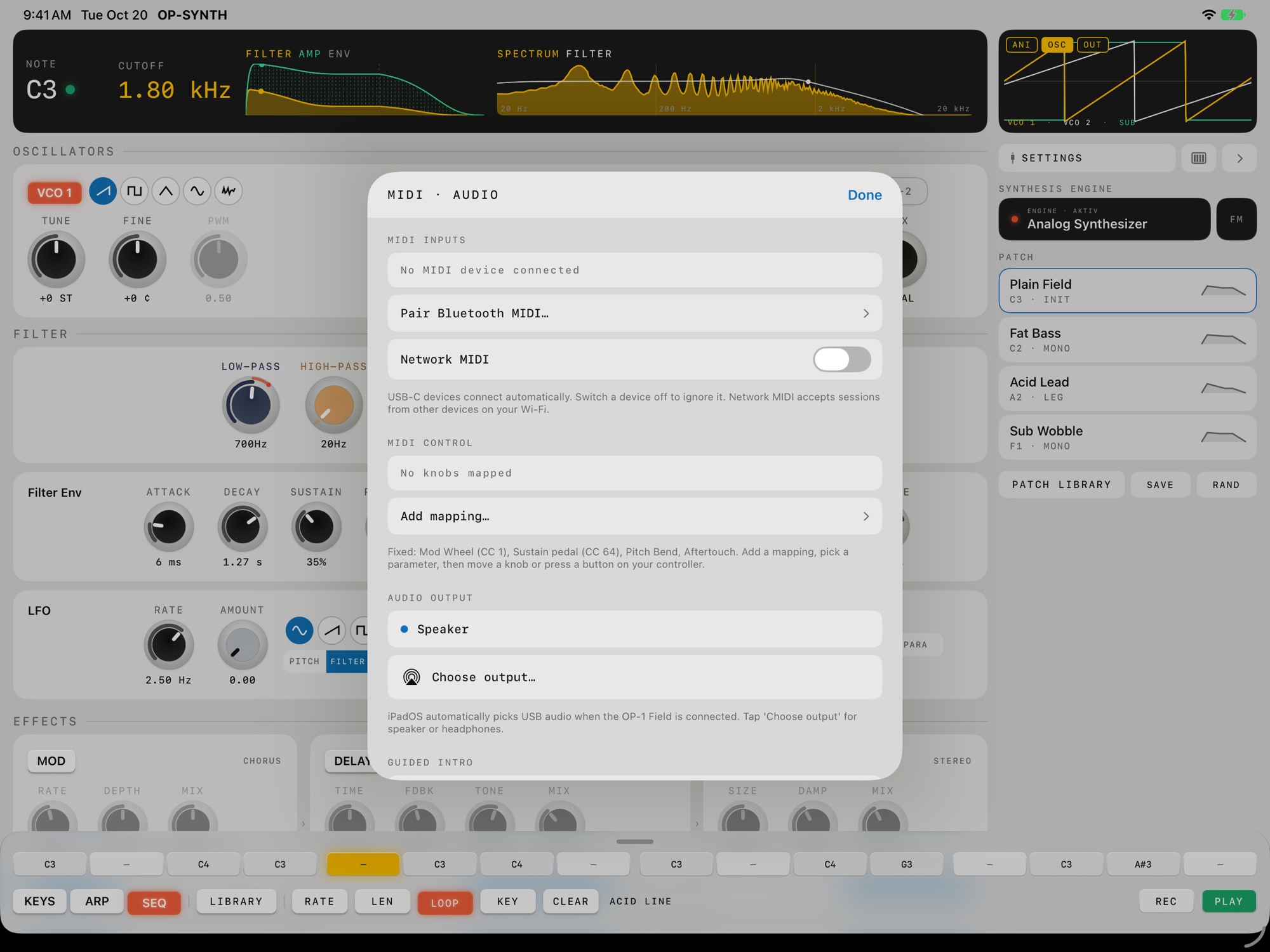 MIDI · Audio settings on iPad: MIDI inputs, Pair Bluetooth MIDI, Network MIDI, MIDI control mappings and audio output