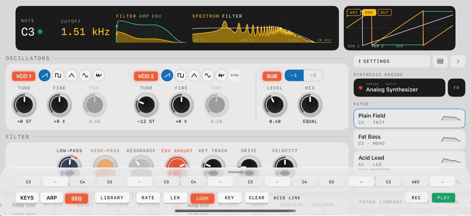 OP-SYNTH on iPhone in landscape with the step sequencer