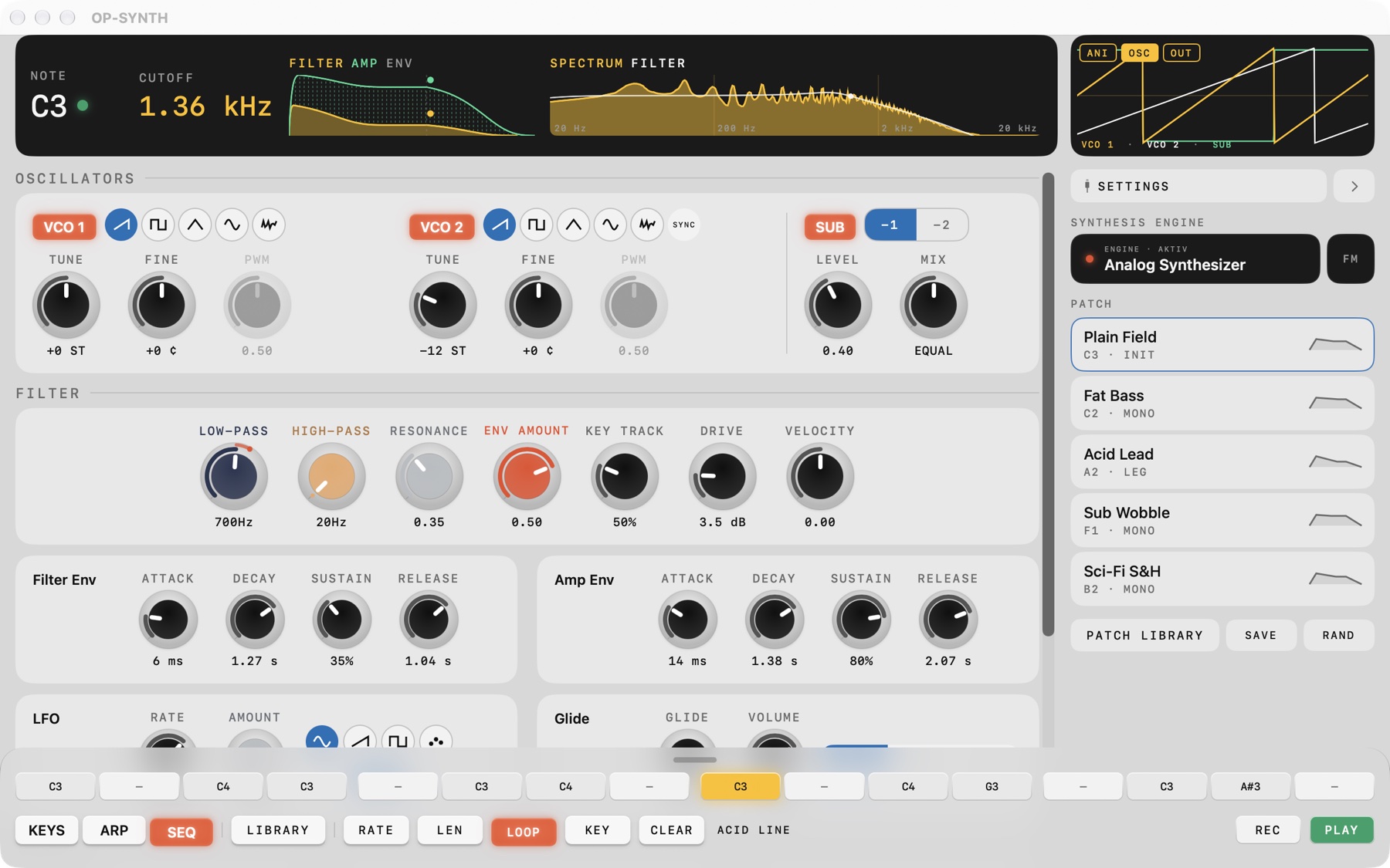 OP-SYNTH on Mac: oscillators, filter, envelopes, patch list and the step sequencer playing an acid line