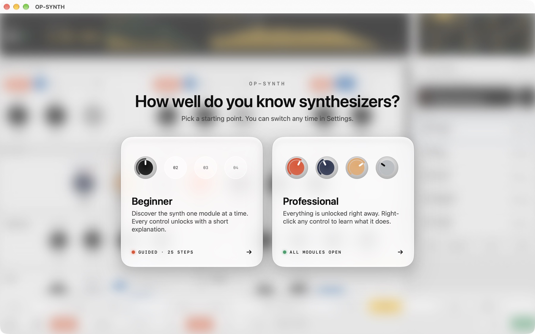 Start screen on Mac: “How well do you know synthesizers?” with Beginner (guided, 25 steps) and Professional (all modules open)